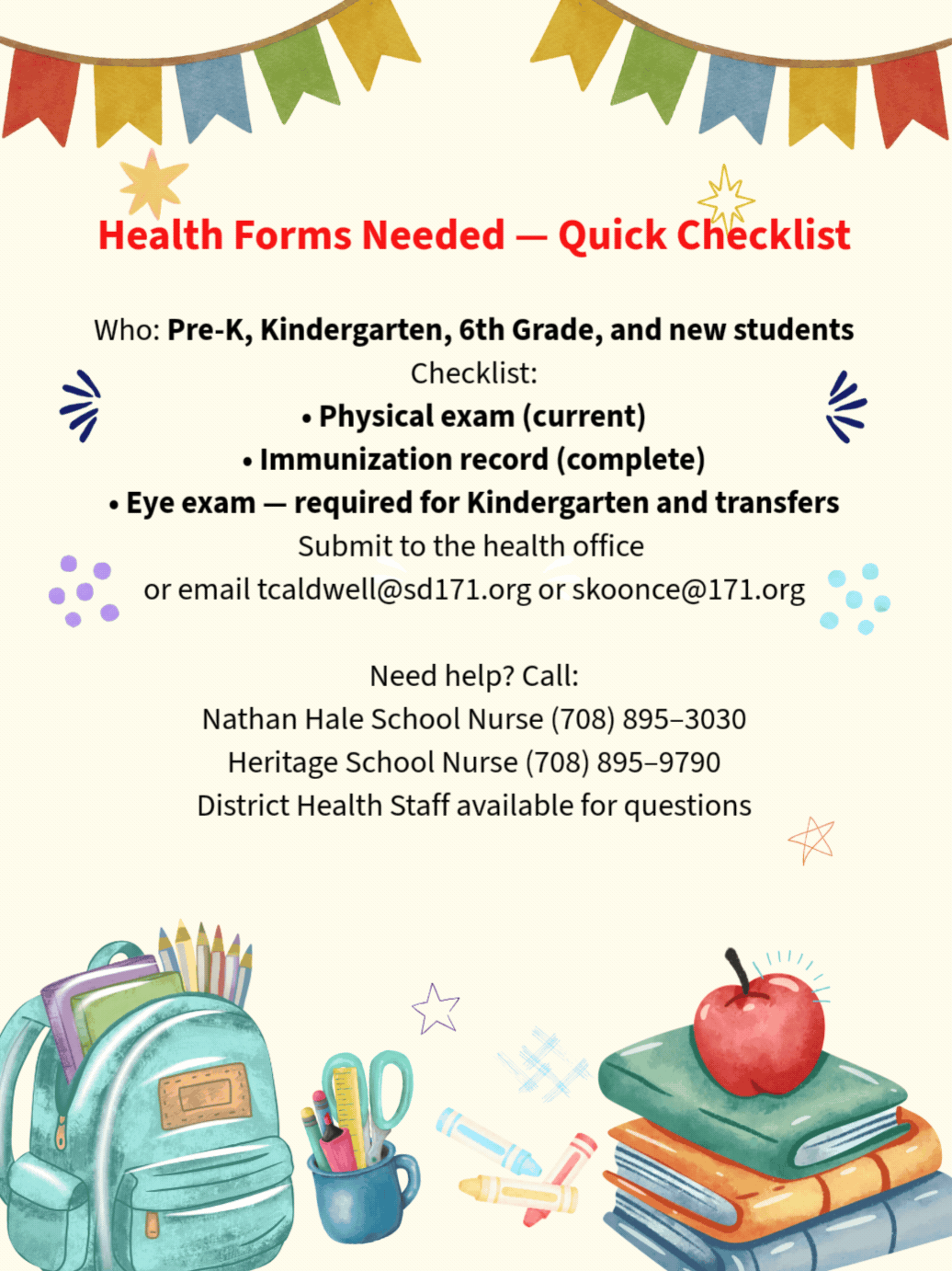 Health Form Reminder for PreK, K, 6th Graders and New Students