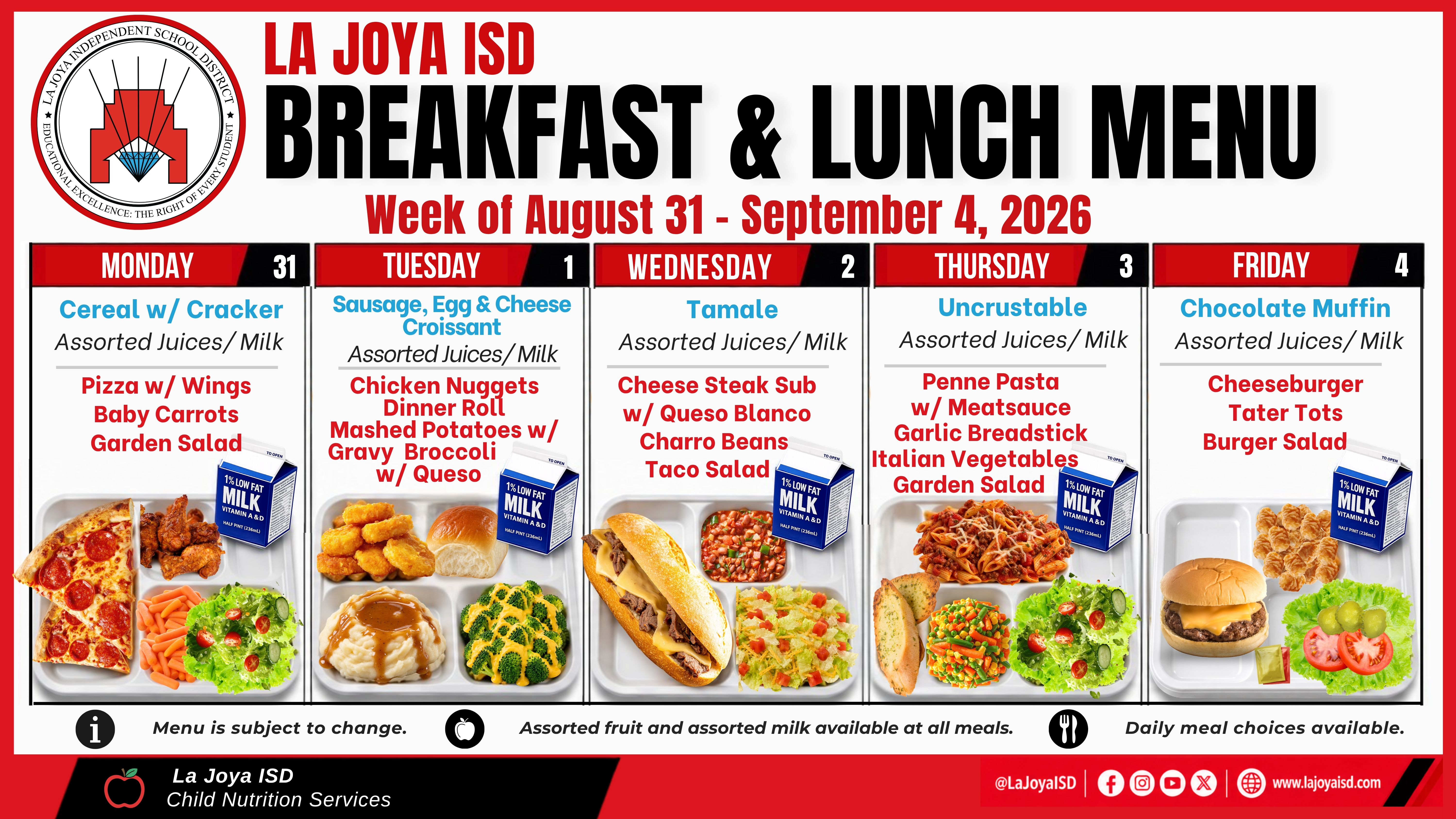 🍎📚 La Joya ISD Families, the Breakfast & Lunch Menu for the week of August 31–September 4 is here!