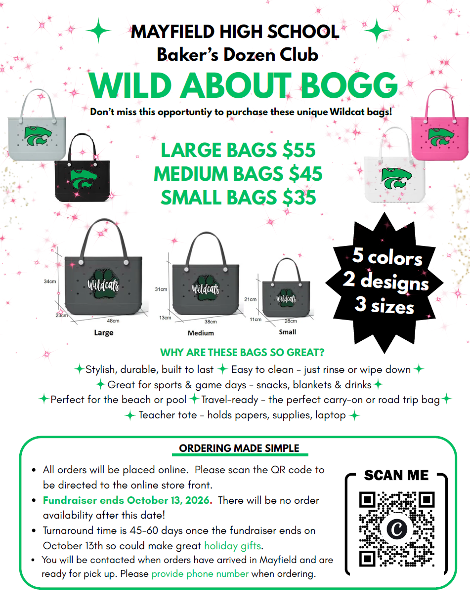 A promotional flyer for Mayfield High School Baker's Dozen Club selling Wildcat Bogg bags in three sizes.