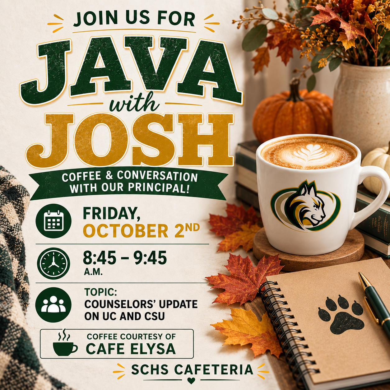 A promotional flyer for 'Java with Josh' featuring a mug of coffee, autumn leaves, and event details.