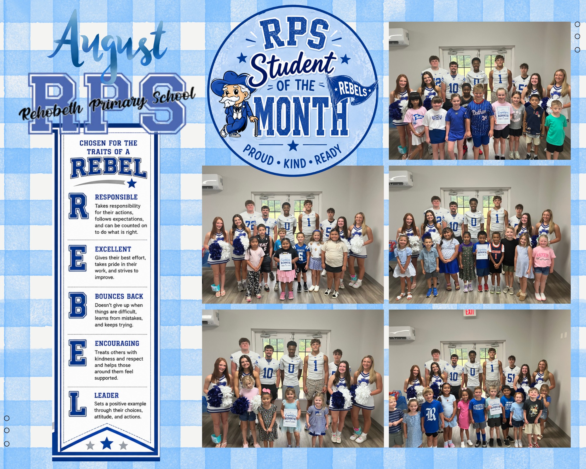 A digital flyer with a blue checkered background features "August Rehoboth Primary School Student of the Month" and includes five group photos of students and cheerleaders.