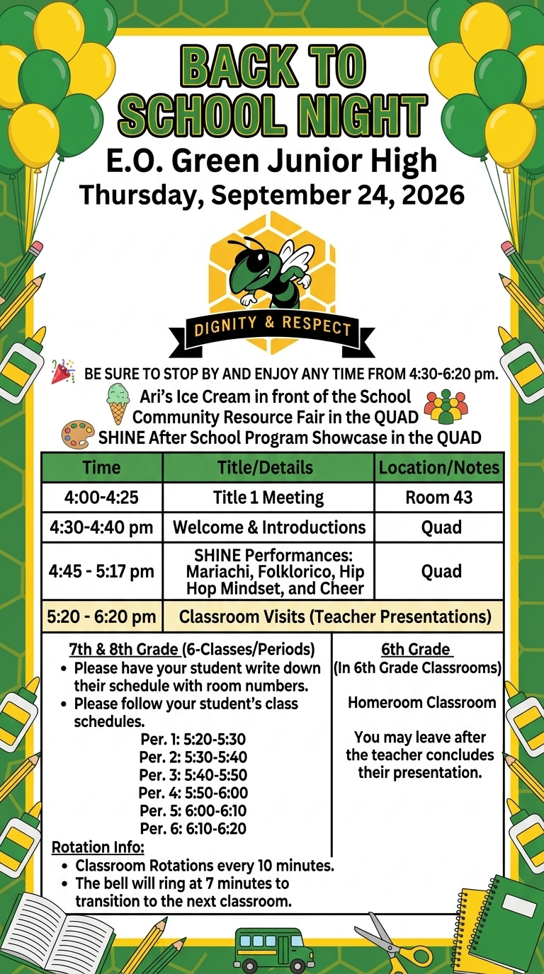 Join us for E.O. Green's Back to School Night-9/24/26