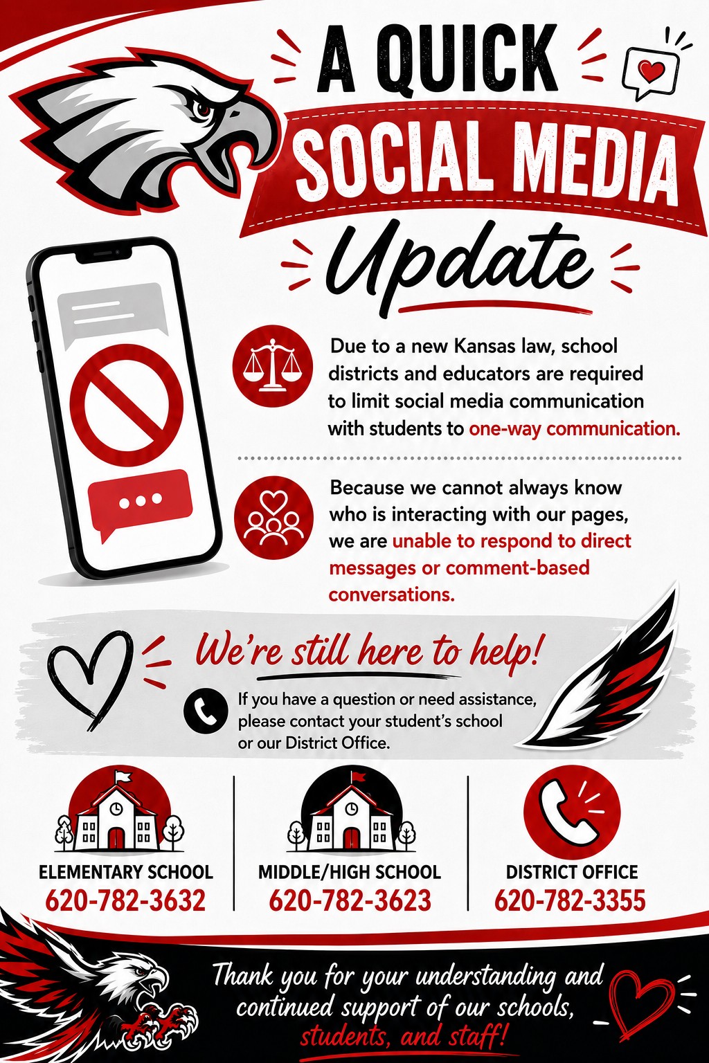 A social media update graphic with an eagle mascot, a smartphone icon, and text explaining new communication guidelines.