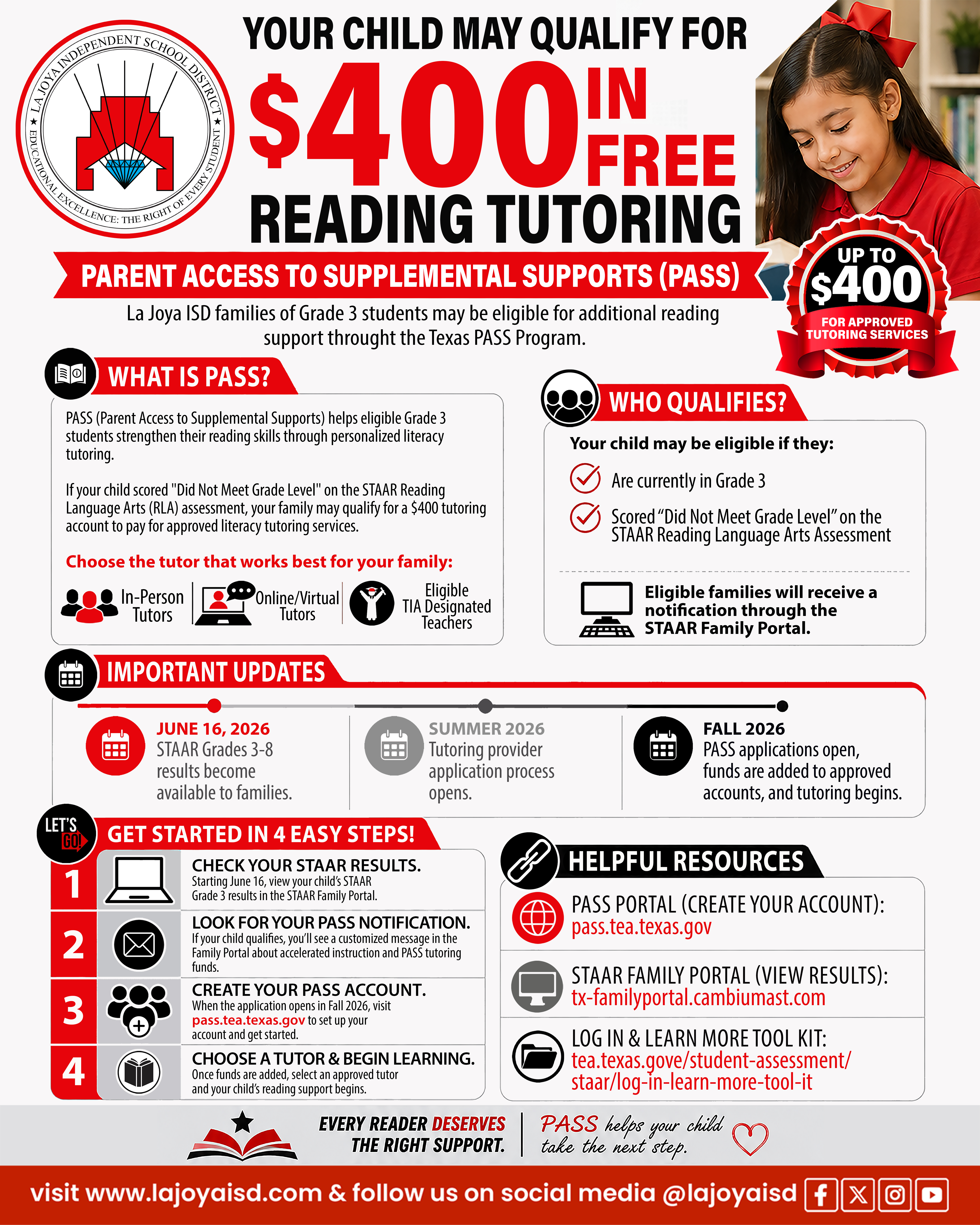 📚💰 REMINDER: Your child may qualify for up to $400 in FREE reading tutoring! | 📚💰 RECORDATORIO: ¡Su hijo(a) puede calificar para recibir hasta $400 en tutoría de lectura GRATIS!