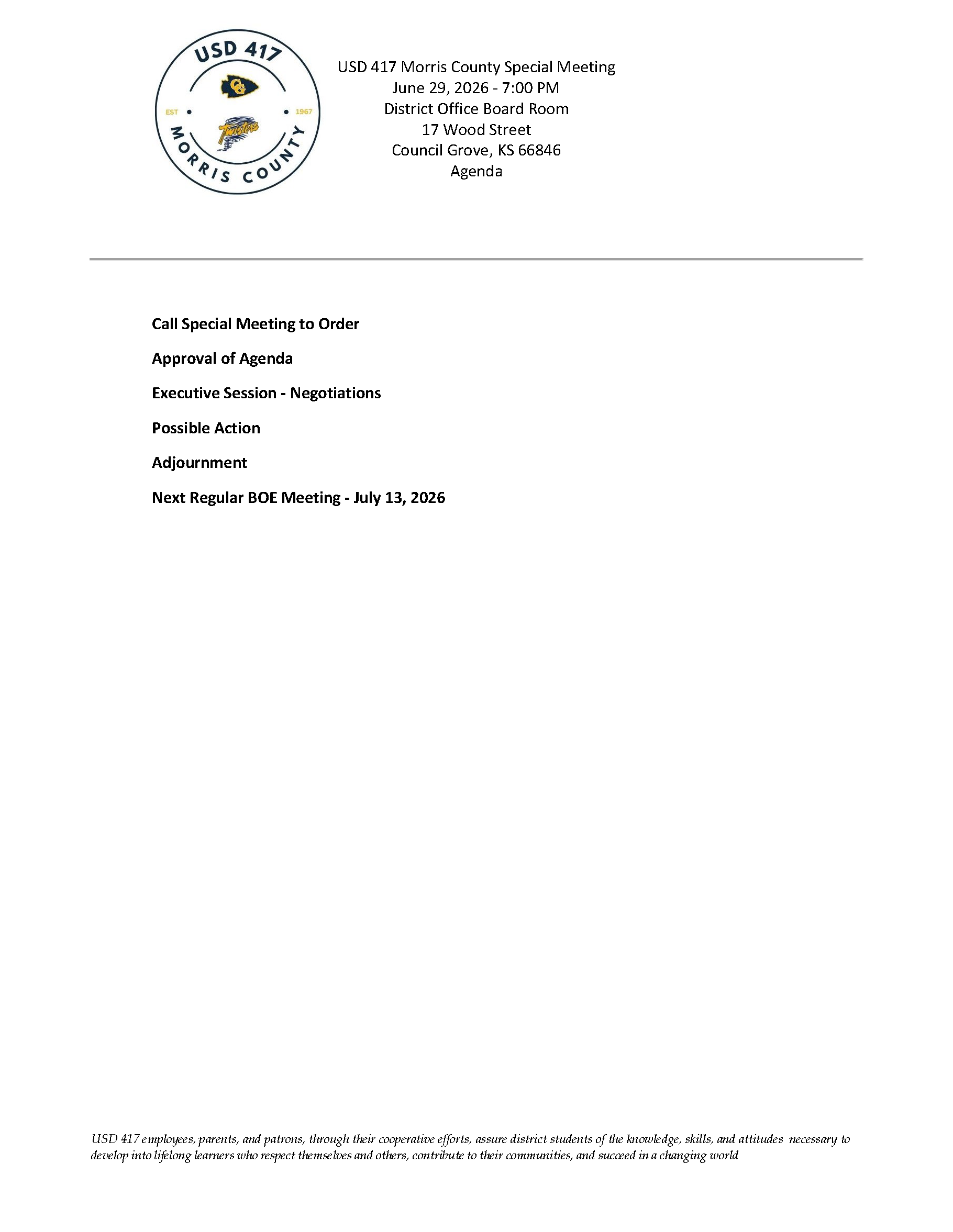 USD 417 Special BOE Meeting - June 29, 2026