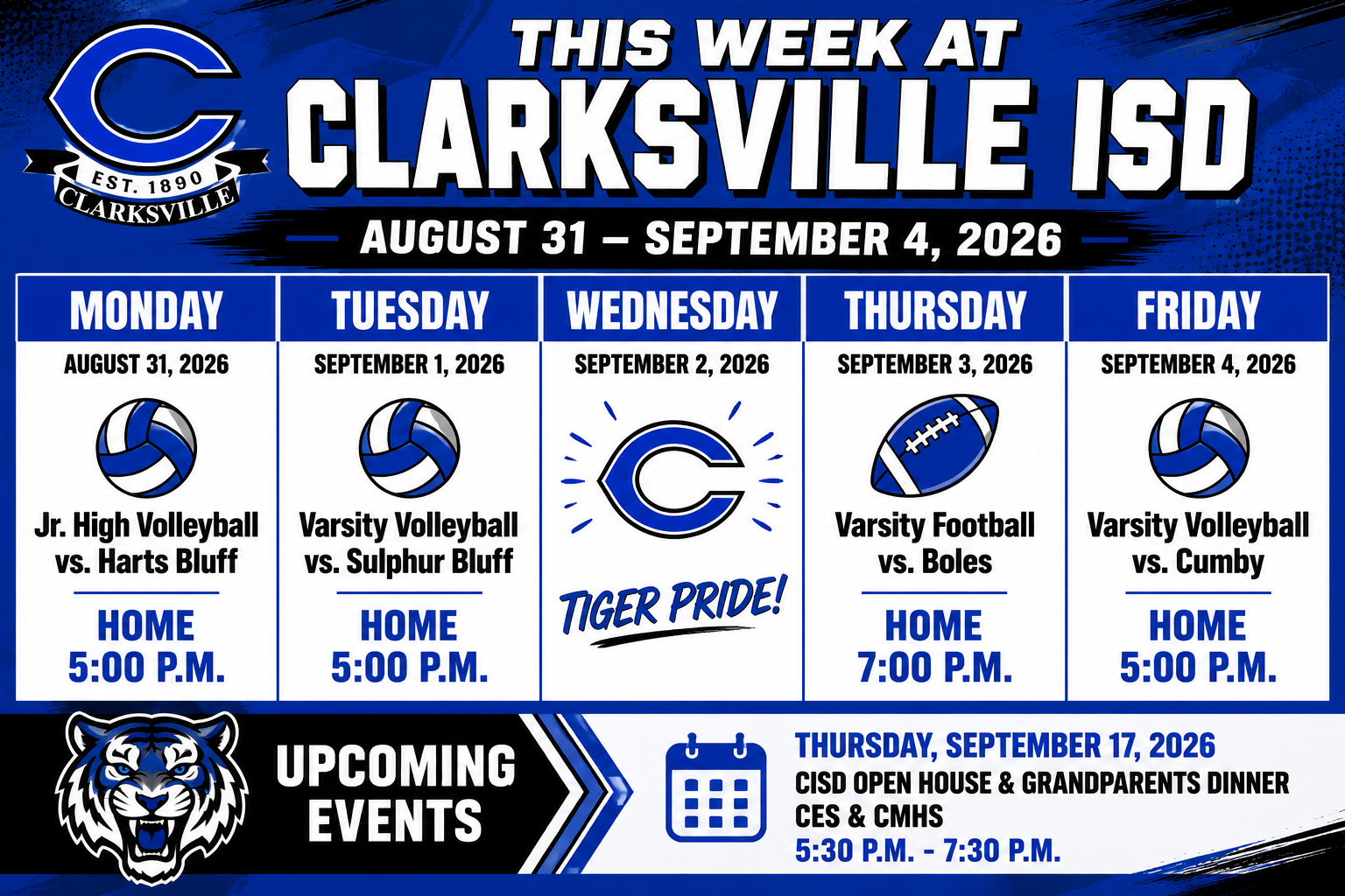 CISD Weekly Calendar, August 31 - September 4, 2026