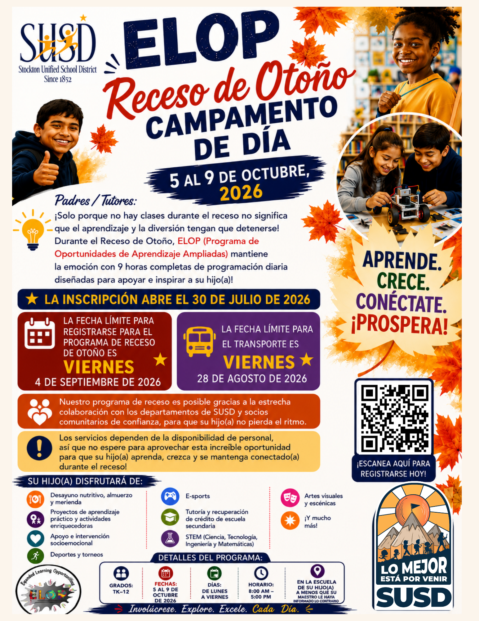 Poster for SUSD's Fall Break Day Camp (Receso de Otoño Campamento de Día) from October 5-9, 2026, offering learning and fun.