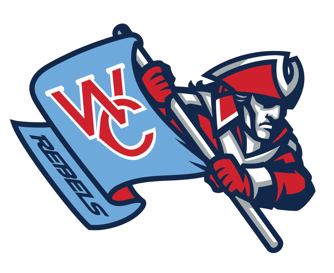 A mascot in a red, white, and blue colonial-style hat and uniform holds a light blue flag with red 'WC' initials and the word 'REBELS'.