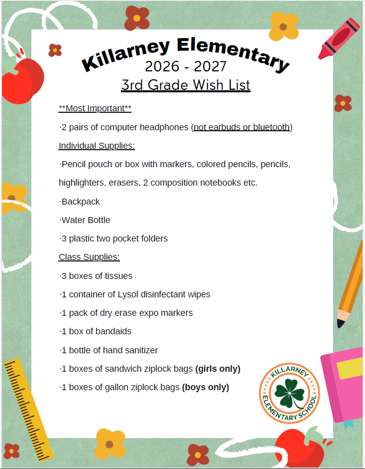 3rd Grade School Supply List 26-27