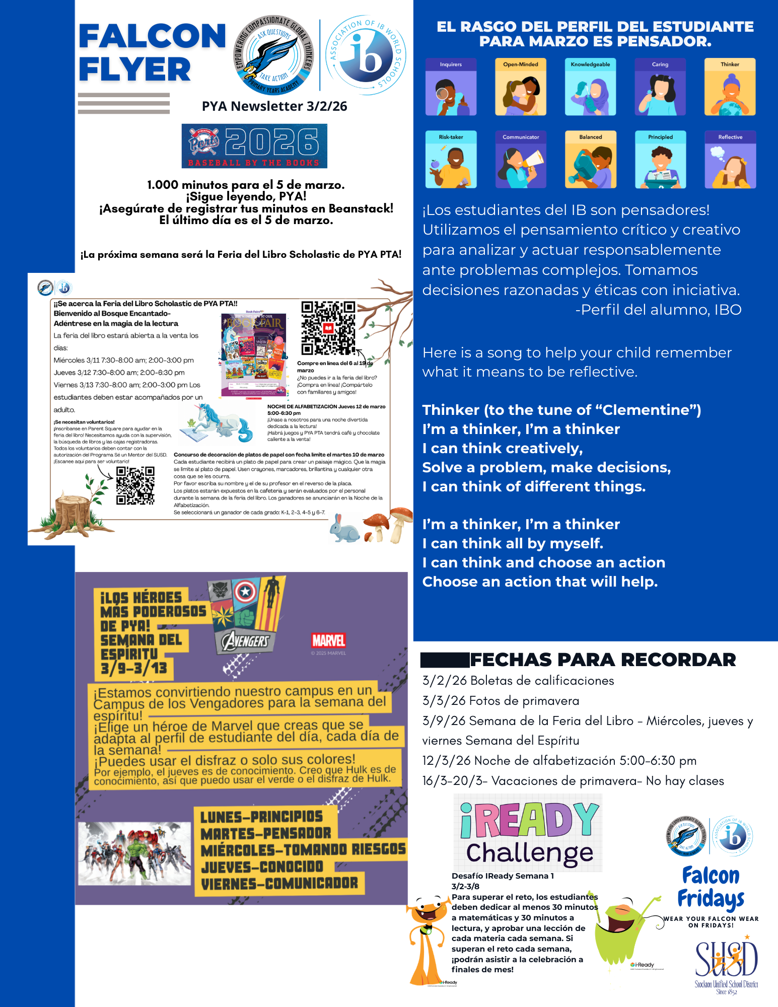 A flyer for Primary Years Academy (PYA) announces upcoming events including a Scholastic Book Fair, an Alphabetization Night, and an Avengers Spirit Week.
