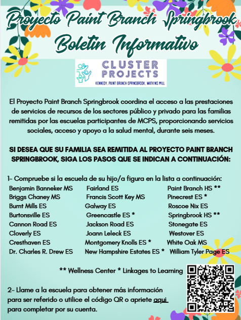Informative bulletin for Proyecto Paint Branch Springbrook, detailing services and steps for family referrals.
