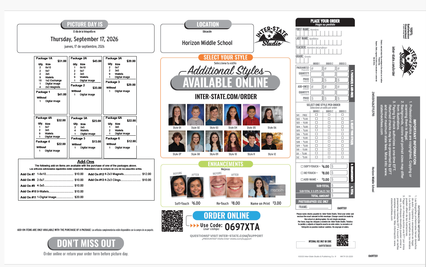 A school picture day flyer from Inter-State Studio for Horizon Middle School, dated Thursday, September 17, 2026.