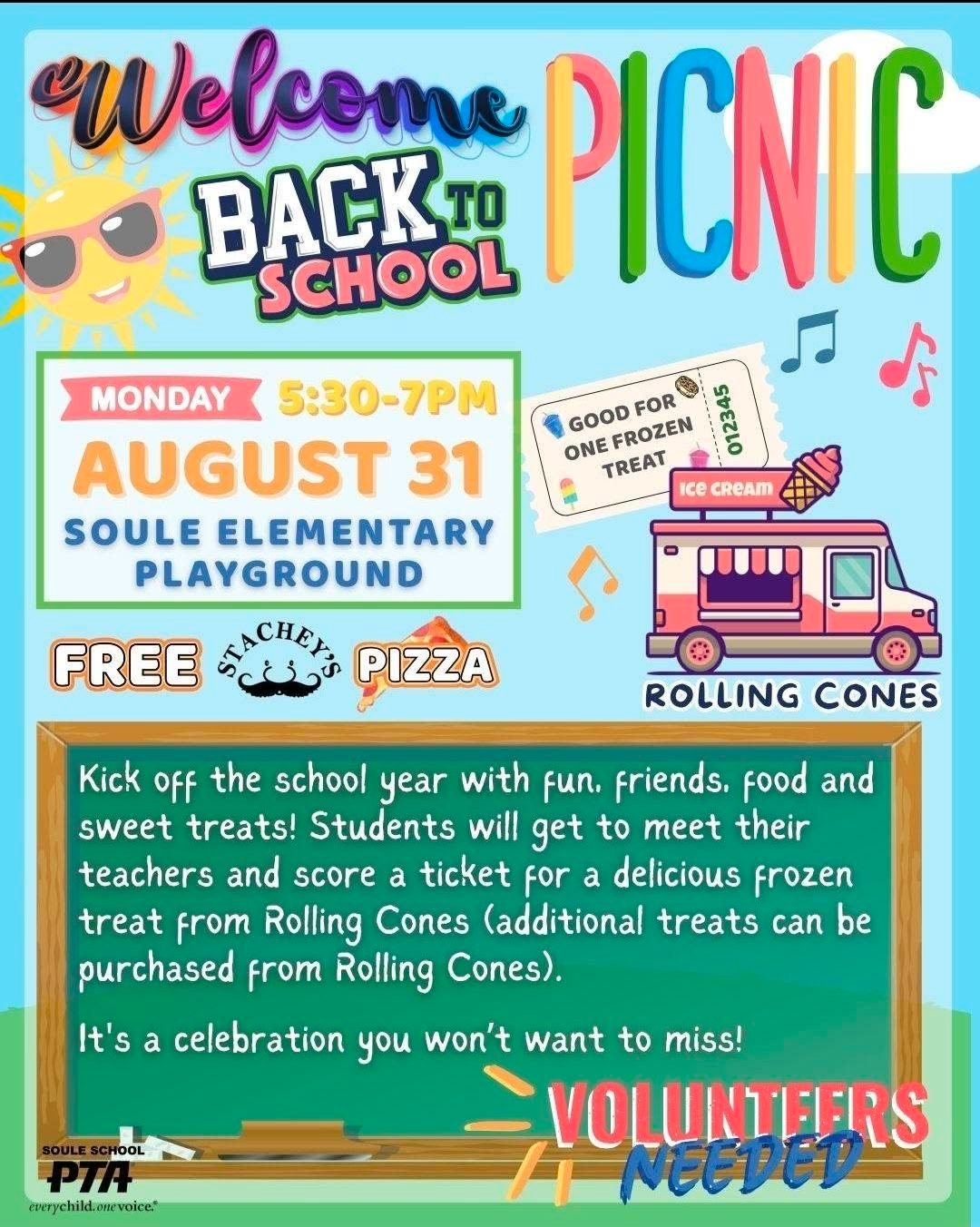 Welcome Back to School Picnic event flyer with date, time, and location details.