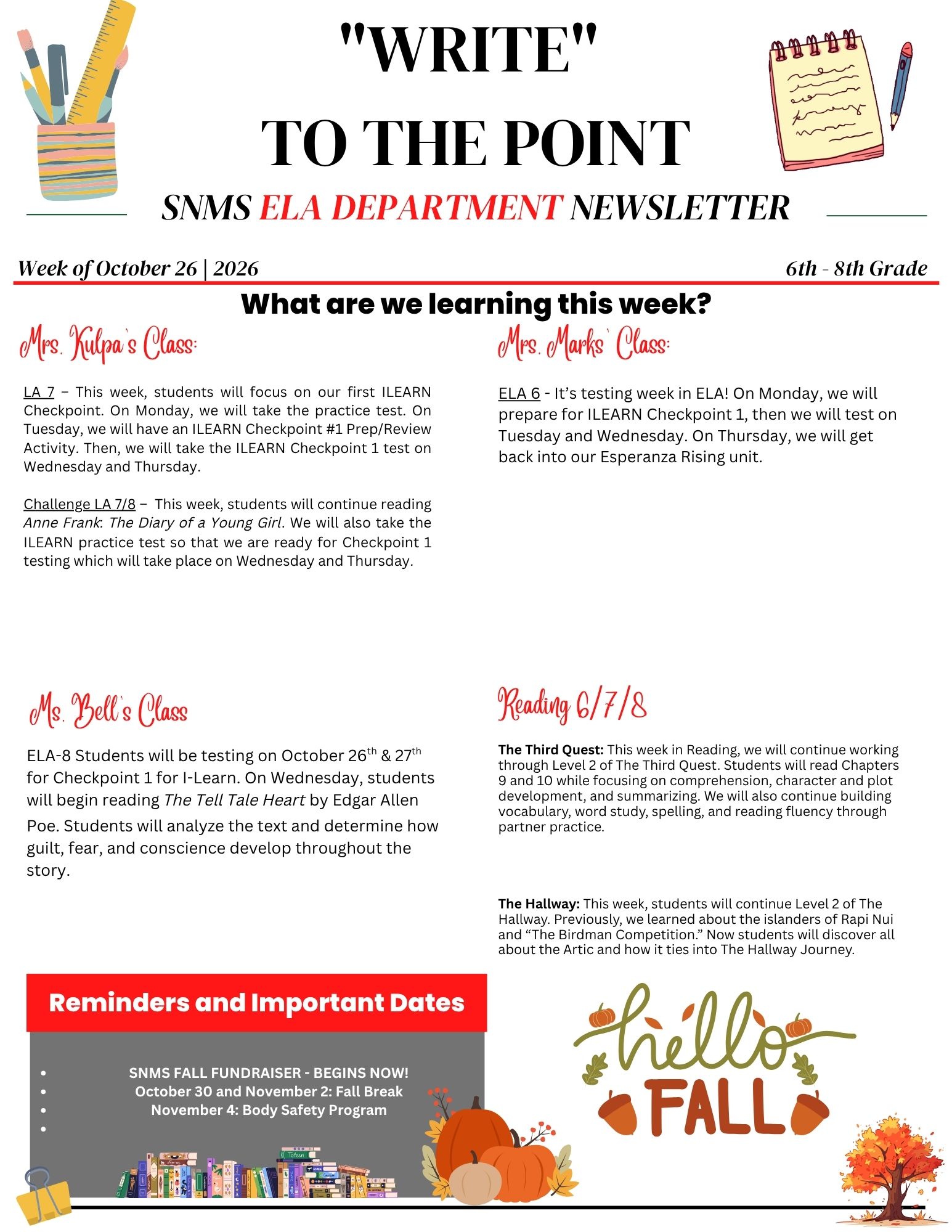 SNMS ELA Newsletter – Week of October 26, 2026