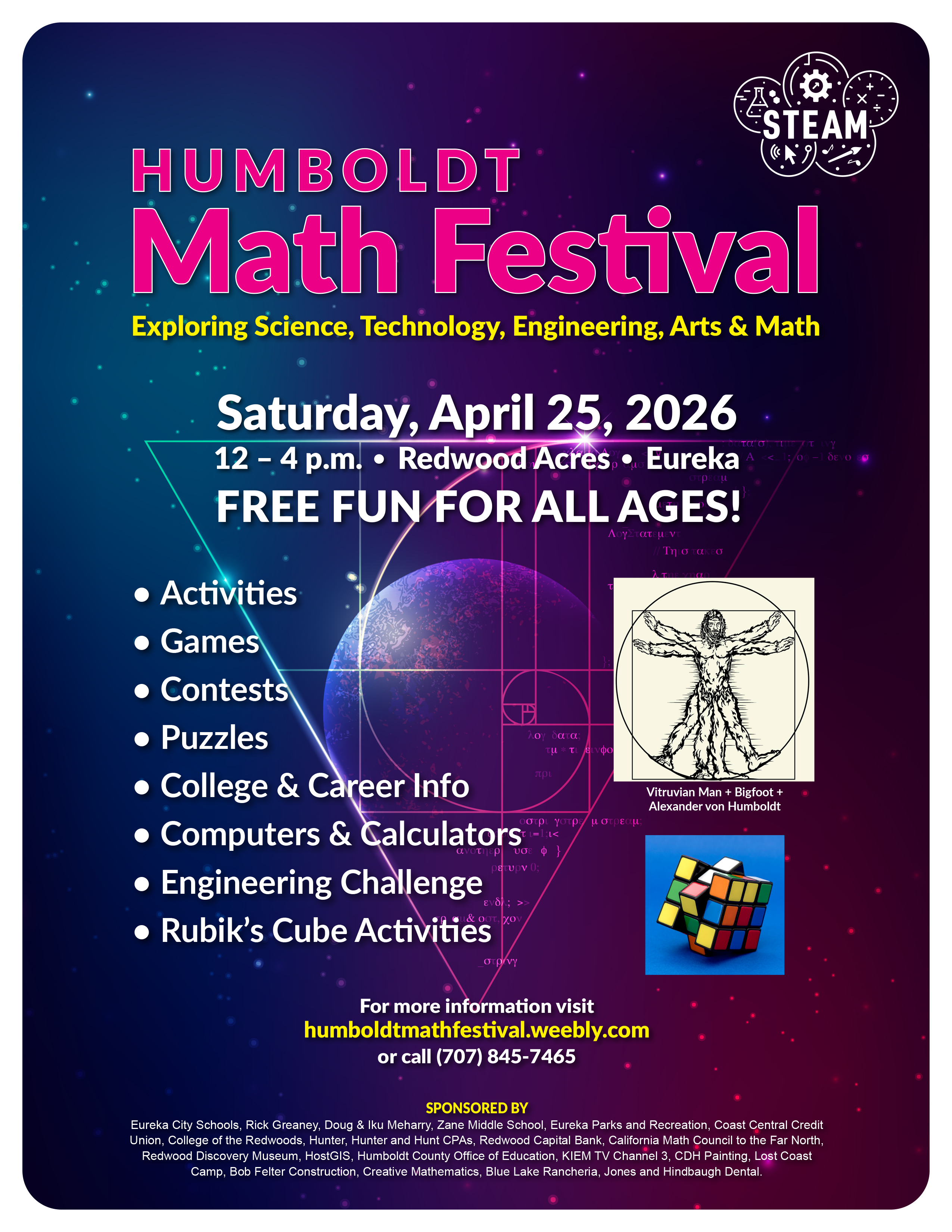 Poster for the Humboldt Math Festival on Saturday, April 25, 2026, featuring activities, games, and contests.