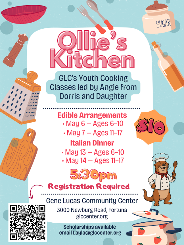 Poster for Ollie's Kitchen youth cooking classes at Gene Lucas Community Center, featuring dates, times, and costs.