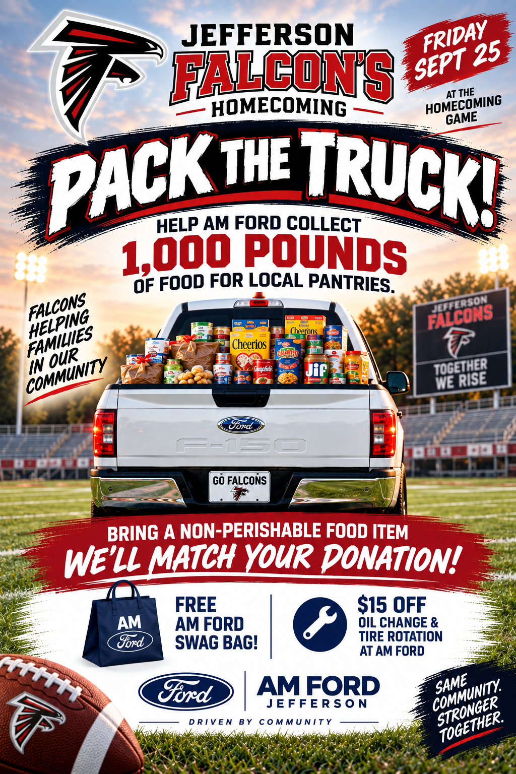 A promotional poster for the Jefferson Falcons' Homecoming food drive, featuring a white truck filled with canned goods on a football field.