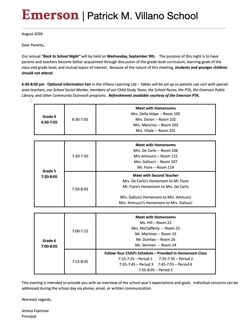 Back to School Night Memo
