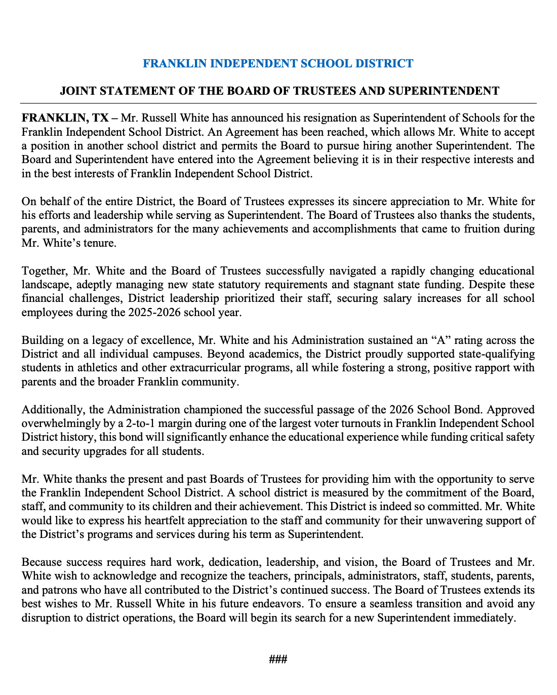 Joint Statement of the Board of Trustees and Superintendent
