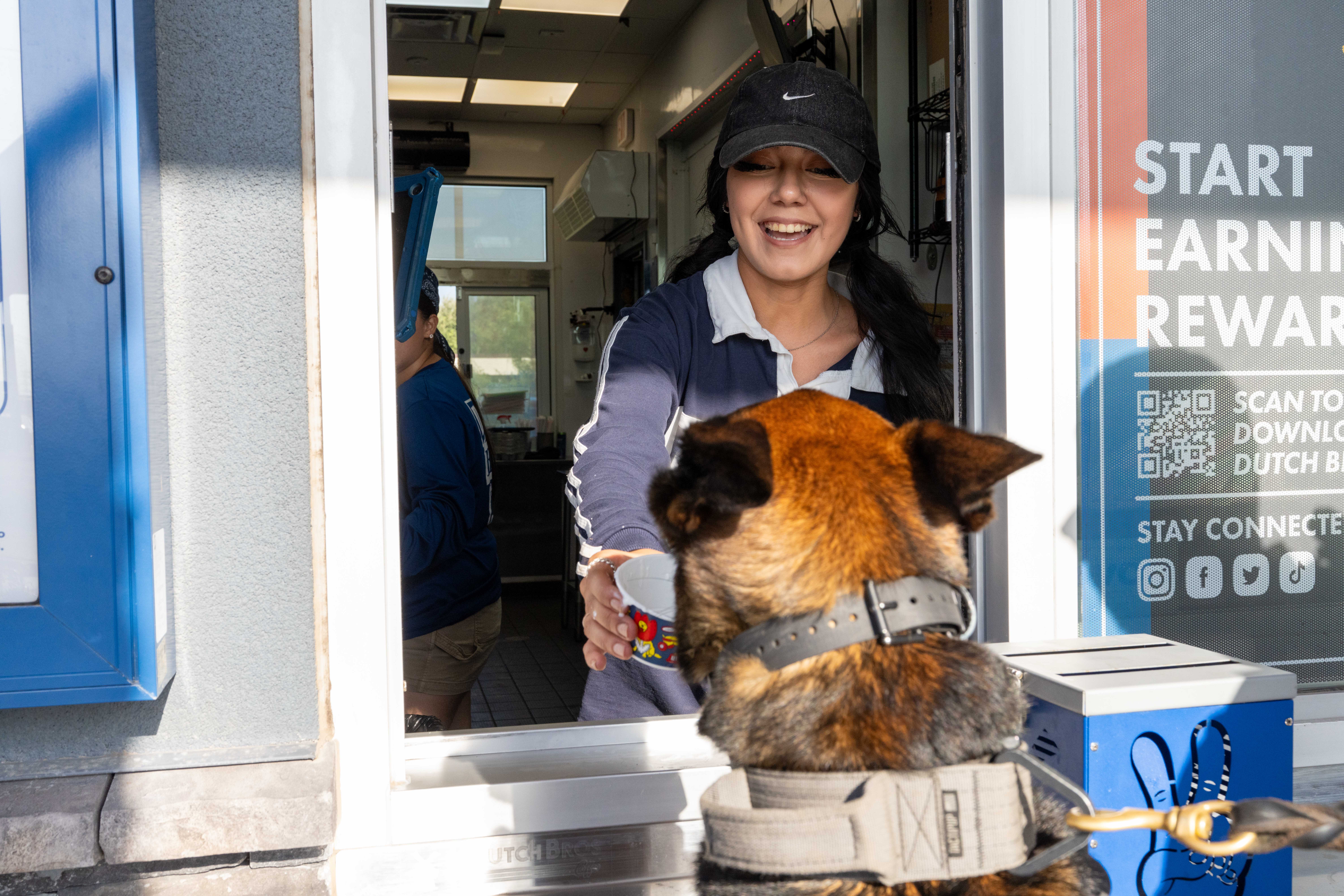 A smiling employee hands a cup to a dog at a drive-thru window.