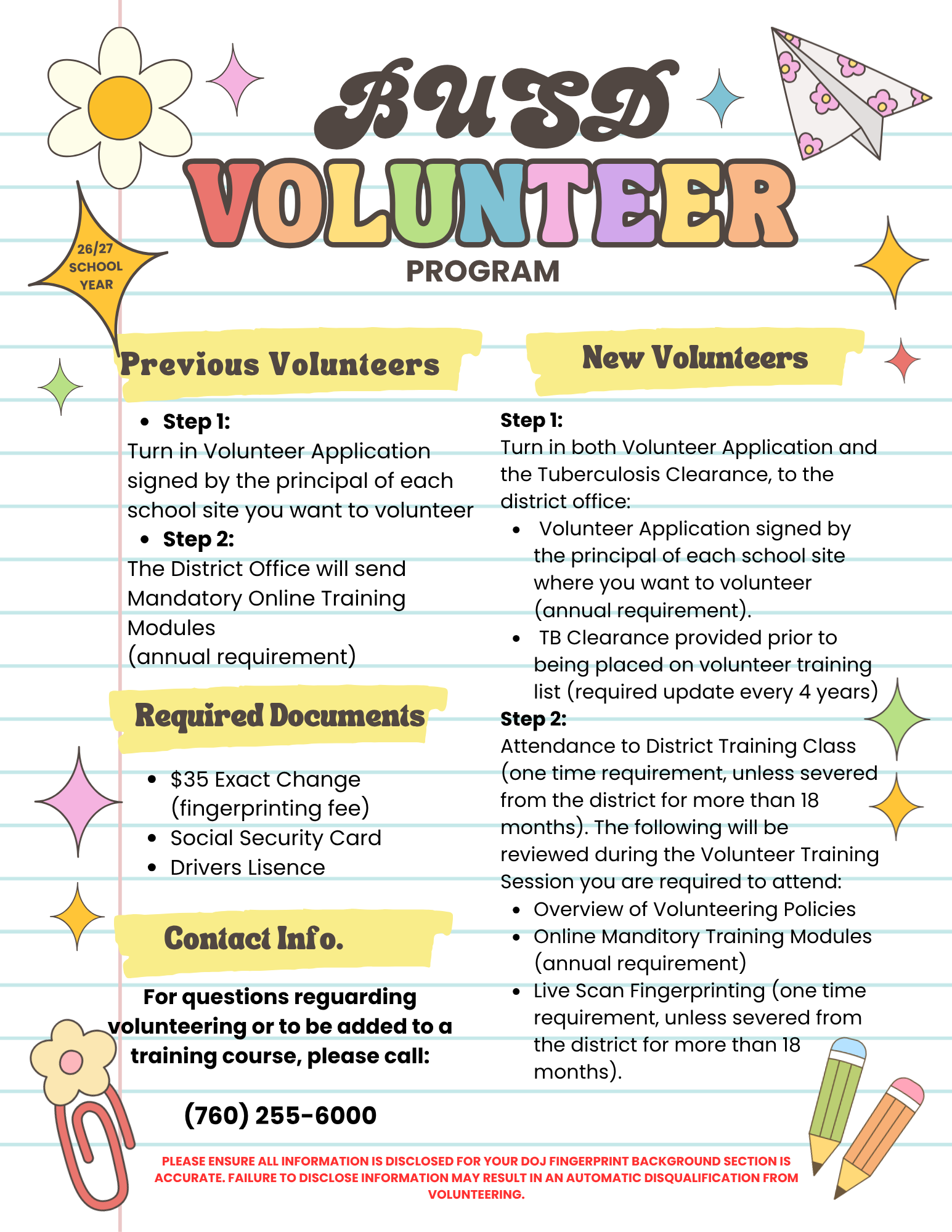 School Volunteer Information 2026-2027 School Year