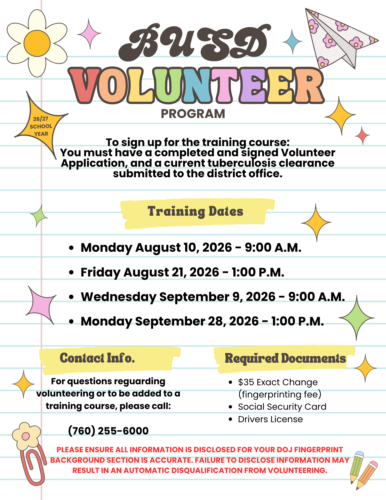 Poster for the BUSD Volunteer Program, announcing training dates and required documents for the 2026-2027 school year.