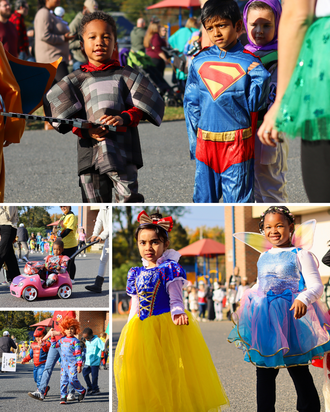 A collage of children in various costumes, including a Minecraft character, Superman, Snow White, and a fairy.