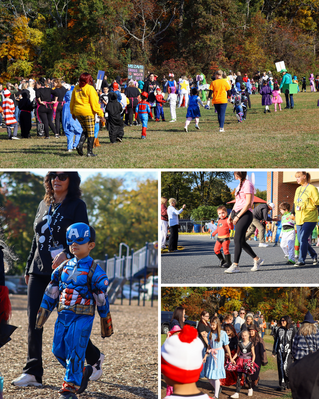 A collage of photos shows children and adults in colorful Halloween costumes walking together outdoors on a sunny day.