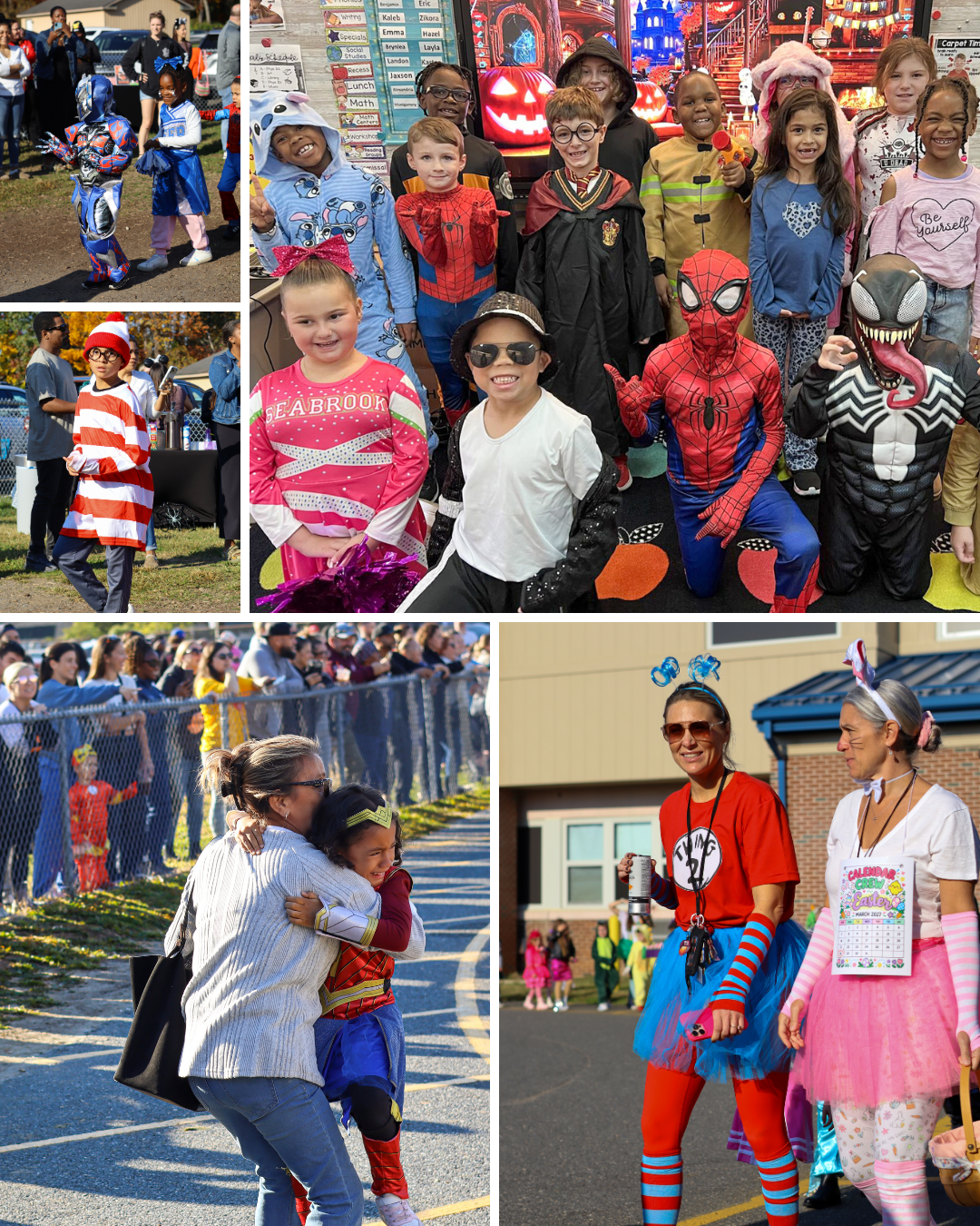 A collage shows children and adults dressed in various Halloween costumes and festive outfits outdoors.