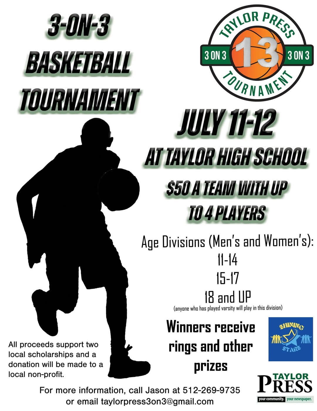 Poster for a 3-on-3 basketball tournament on July 11-12 at Taylor High School.