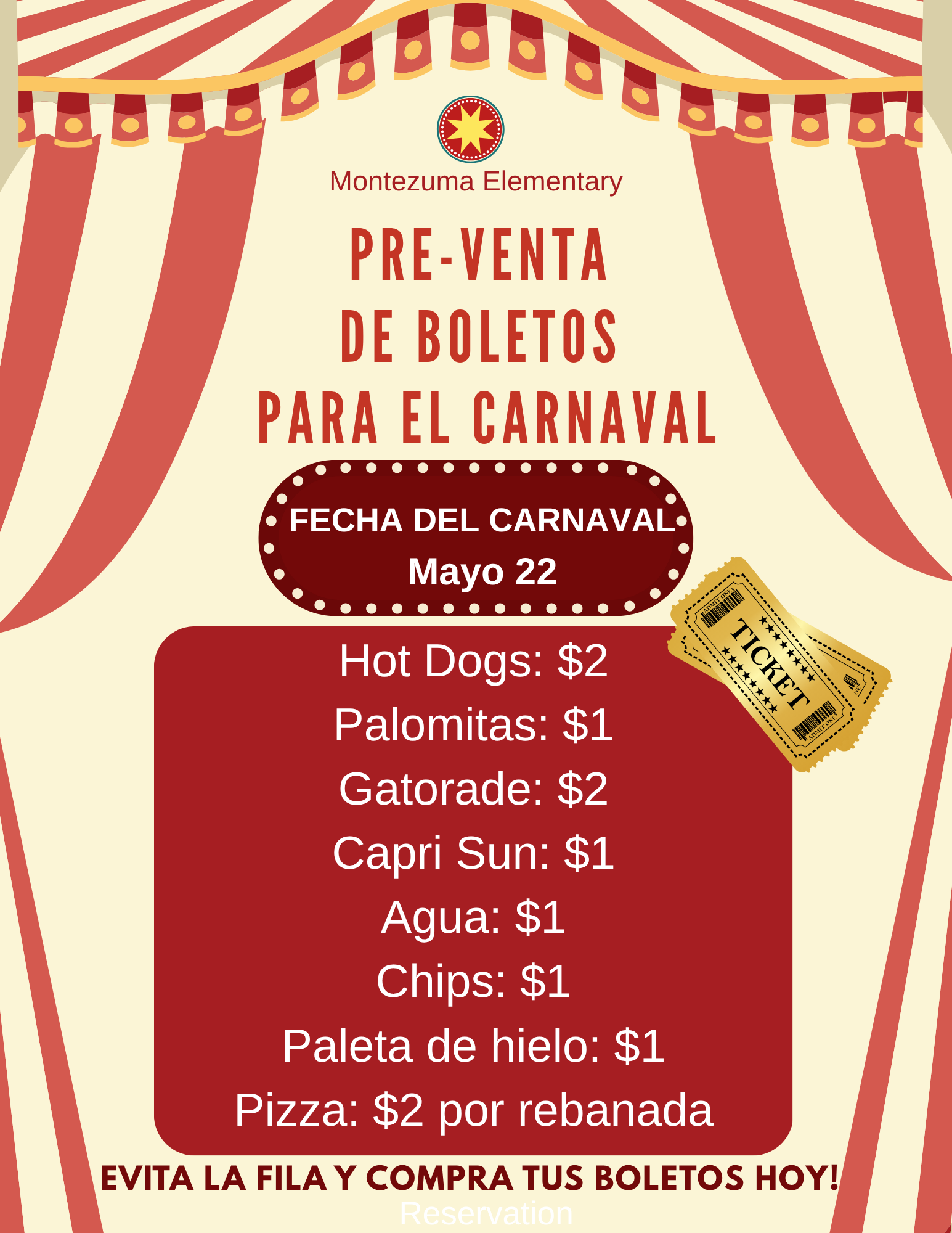 Montezuma Elementary announces pre-sale tickets for the carnival on May 22, with food prices listed.