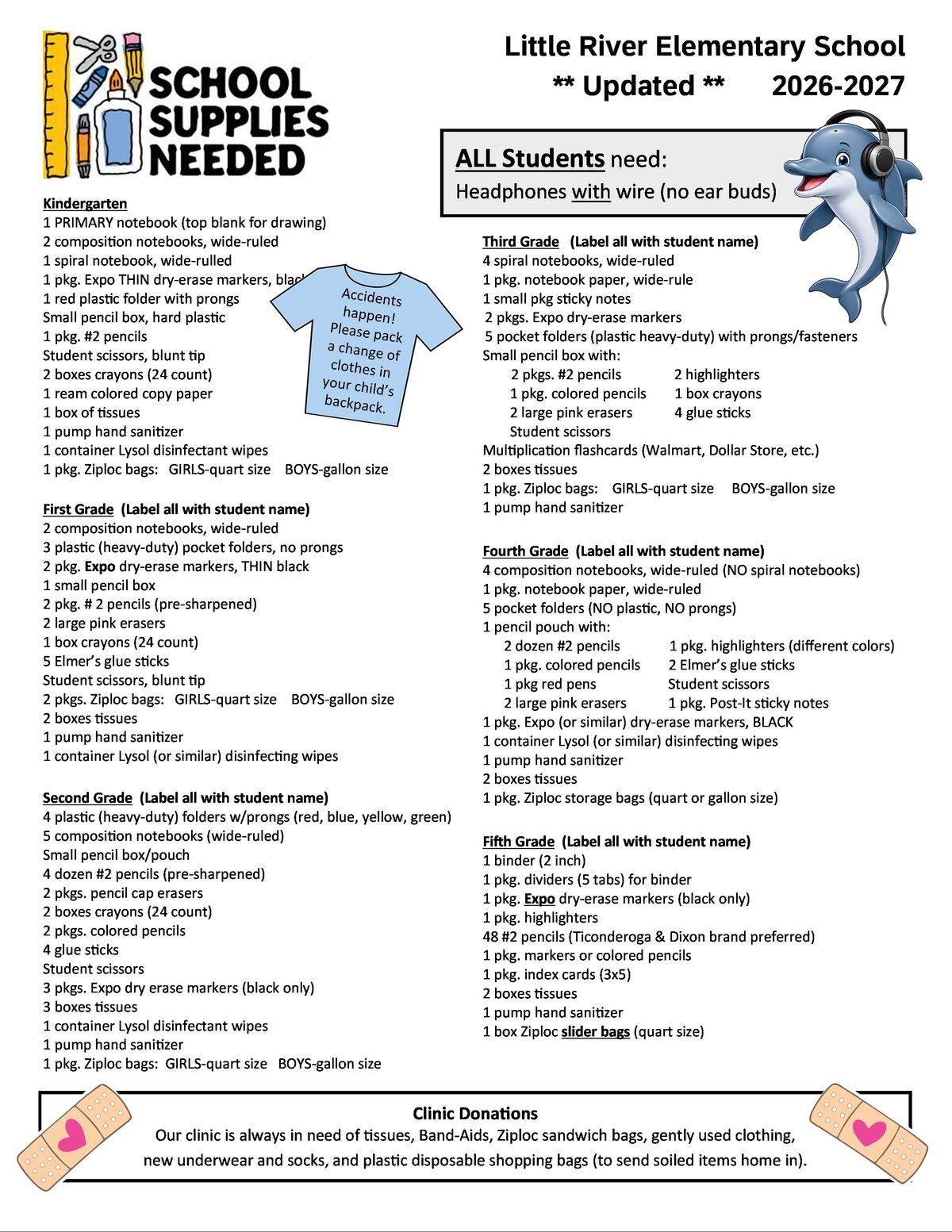 School Supply List 2026 2027 K 5th Gr