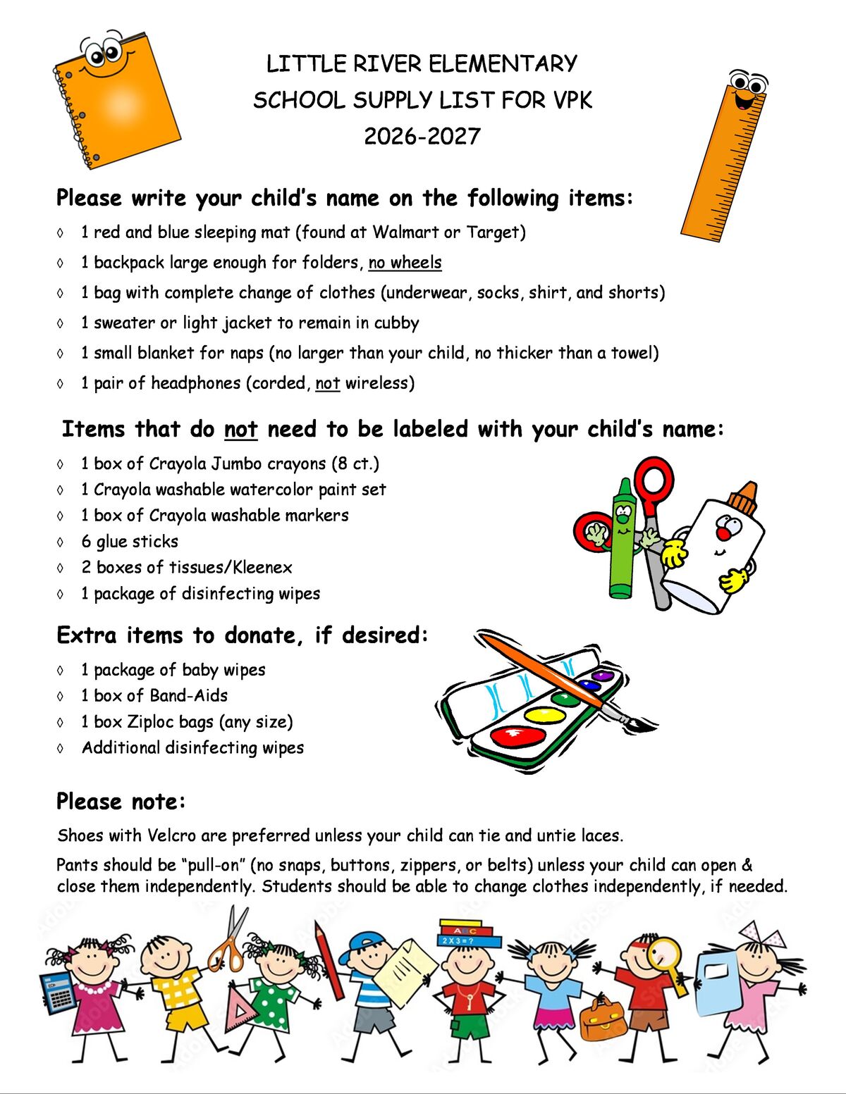 A school supply list for Little River Elementary VPK, featuring cartoon school supplies and children.