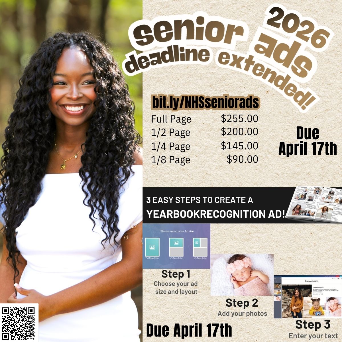 A smiling young woman is featured in an advertisement for extended senior ad deadlines for the 2026 yearbook.