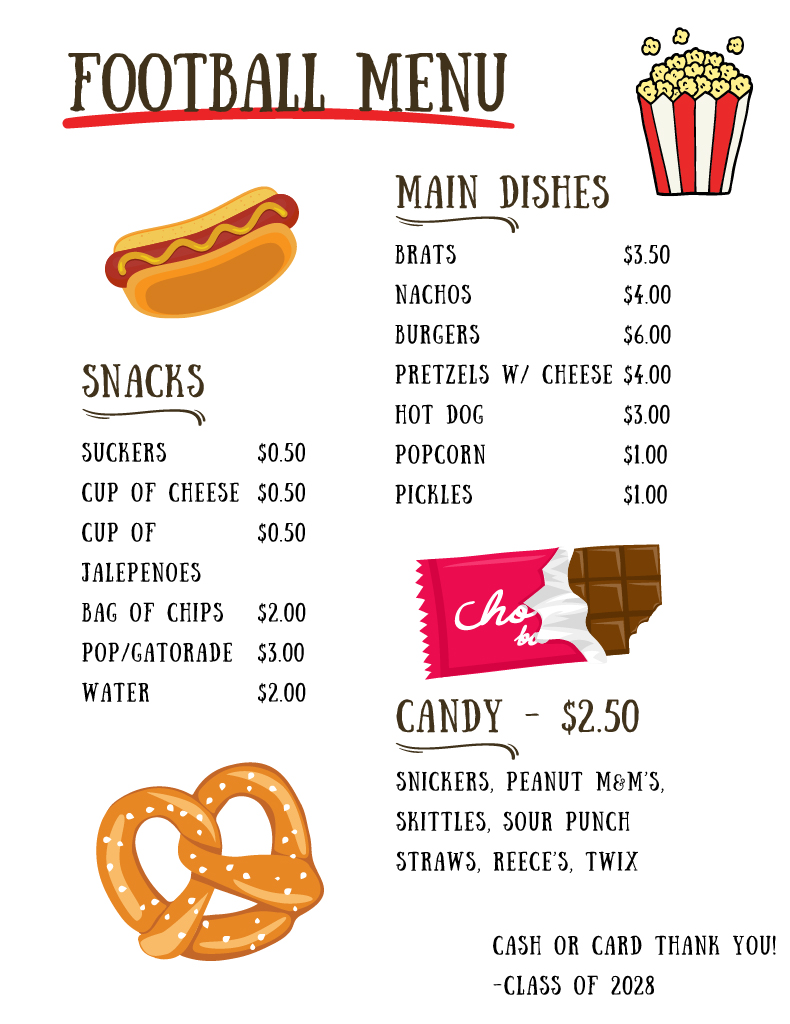 A colorful illustrated football menu displays prices for main dishes, snacks, and candy.