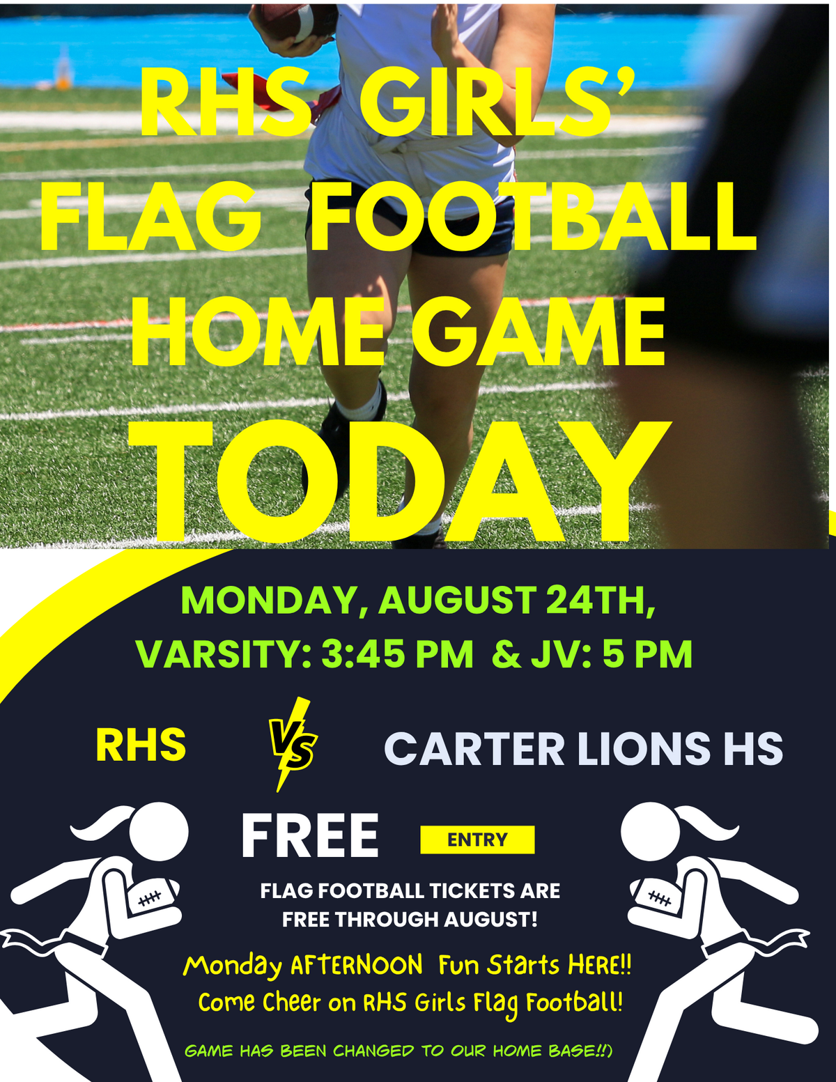 Today's Girls Flag Football Game Change: We're HOME Today!