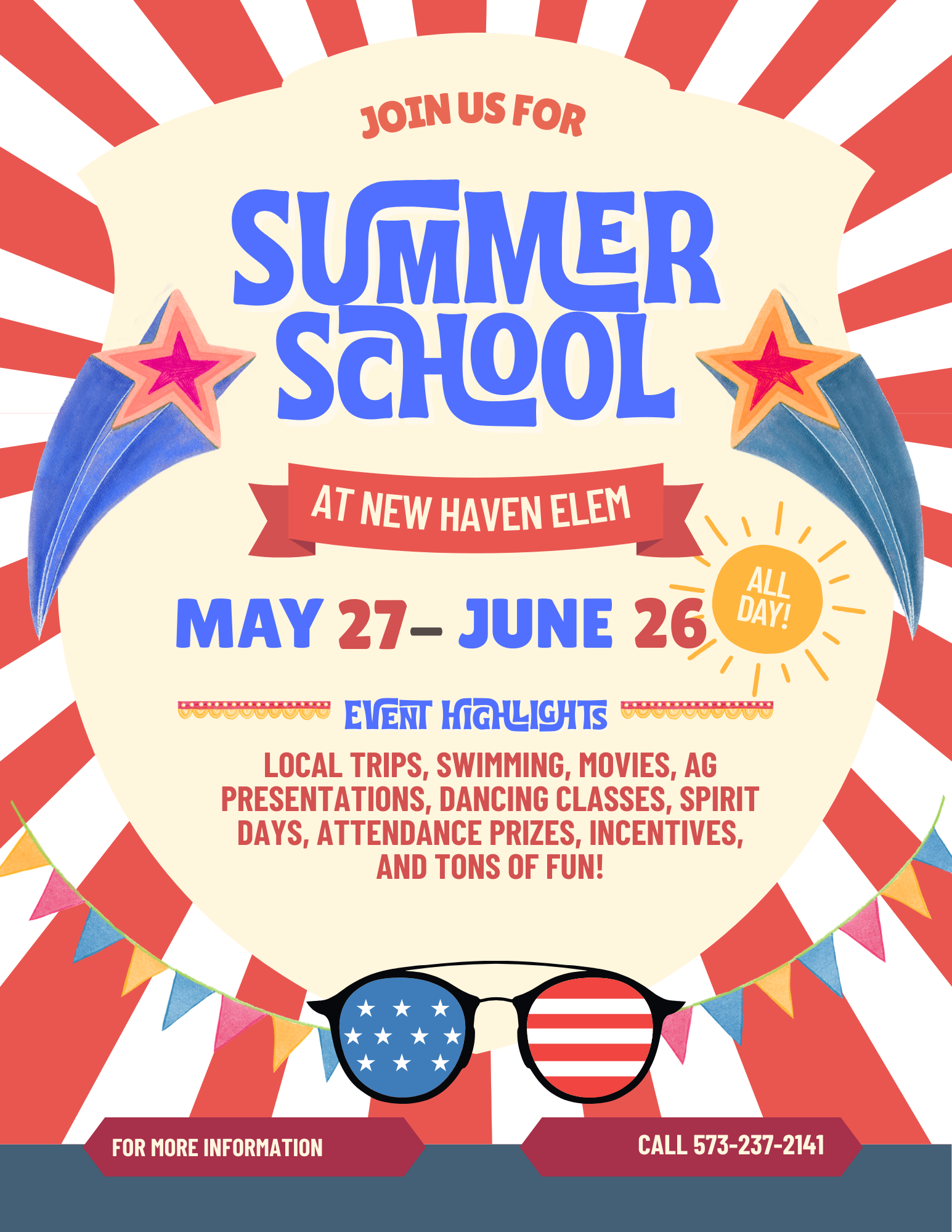 Join us for Summer School at New Haven Elem from May 27-June 26, featuring fun activities and incentives.