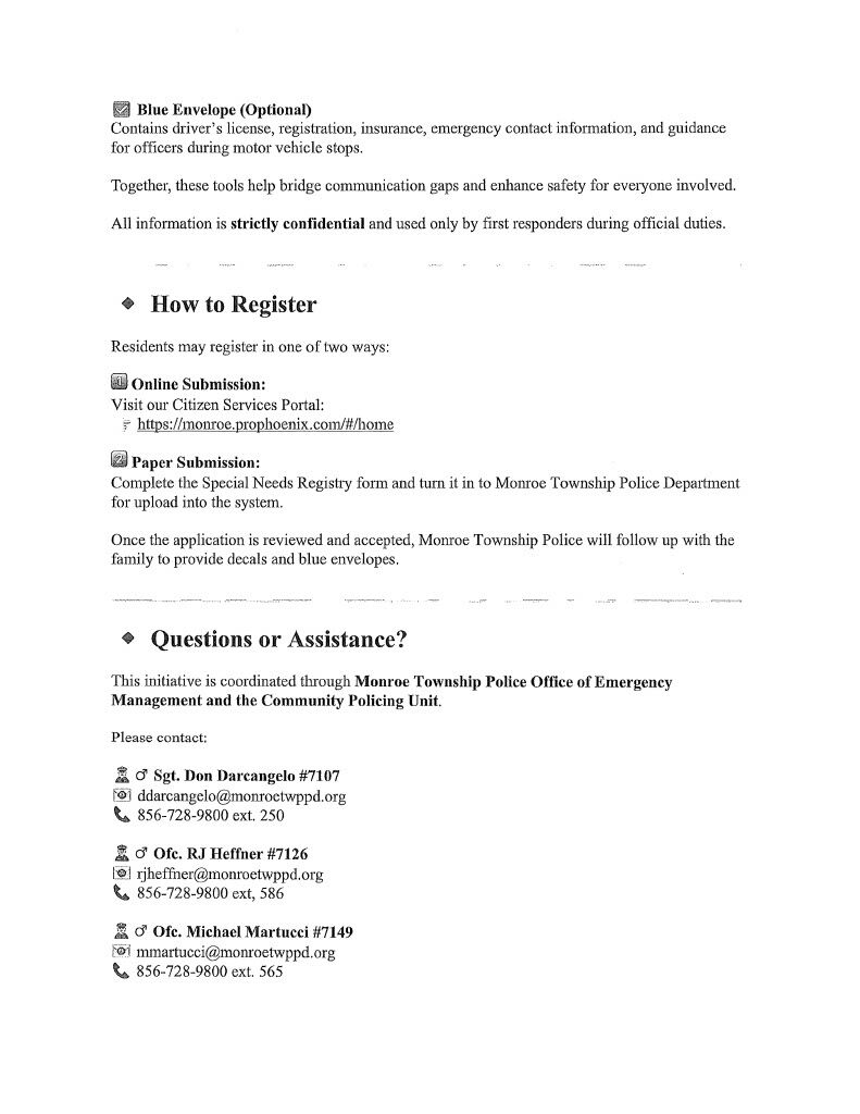 Document outlining the Blue Envelope program for optional information submission to police.