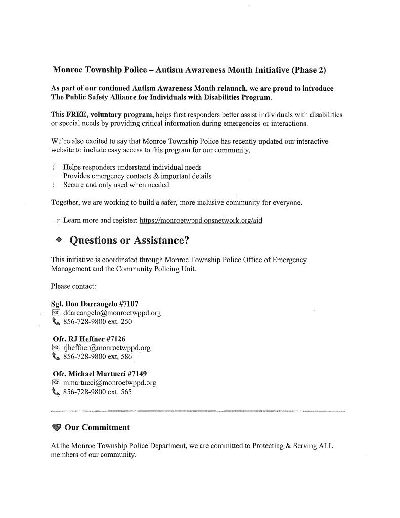 Monroe Township Police announce the Autism Awareness Month Initiative (Phase 2) and the Public Safety Alliance for Individuals with Disabilities Program.
