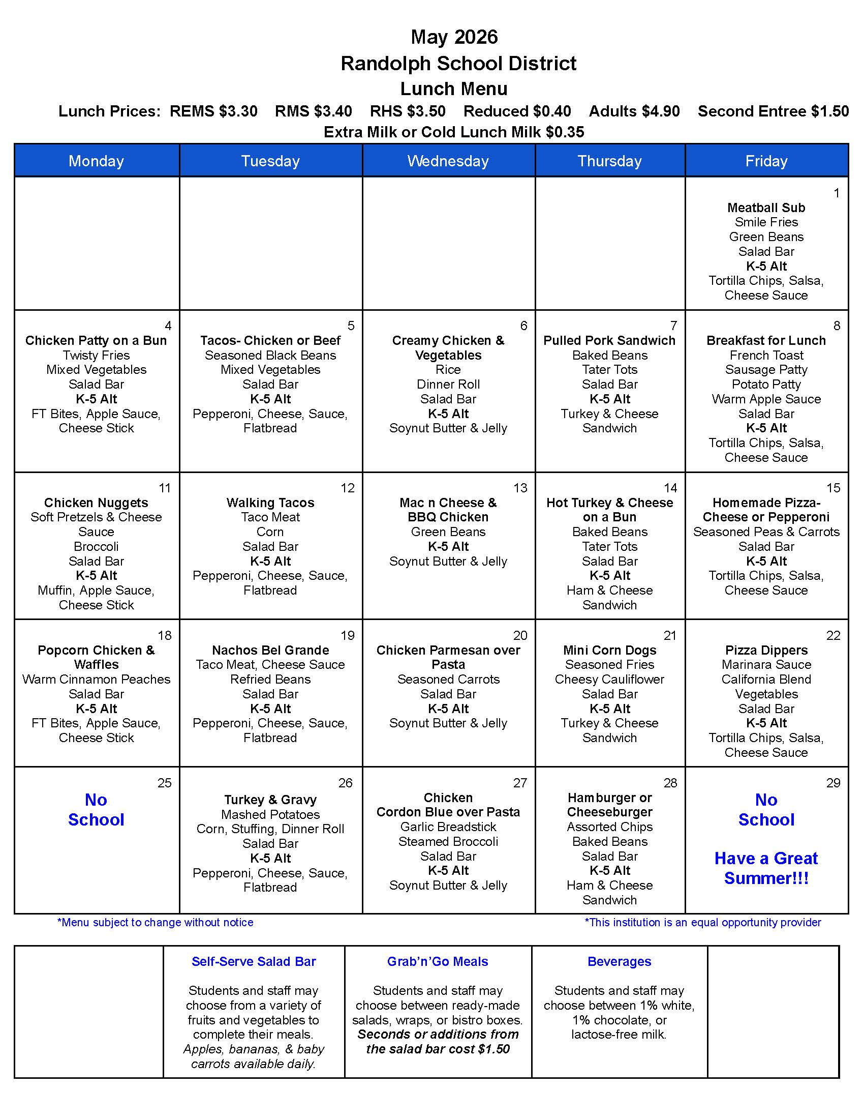 May Lunch & Breakfast Menus