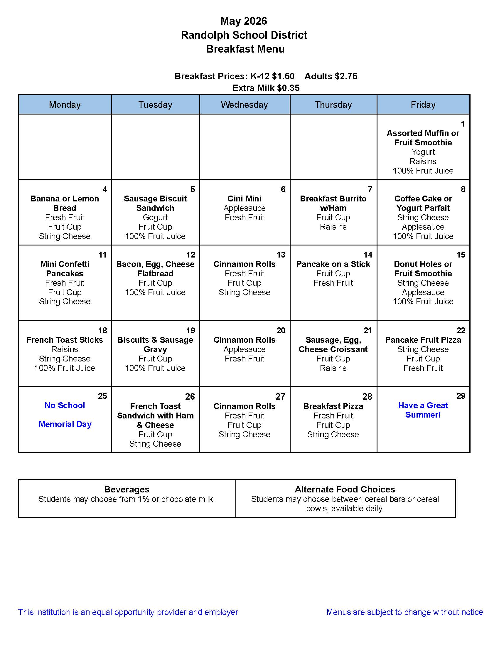 May 2026 Randolph School District Breakfast Menu showing daily meal options and prices.