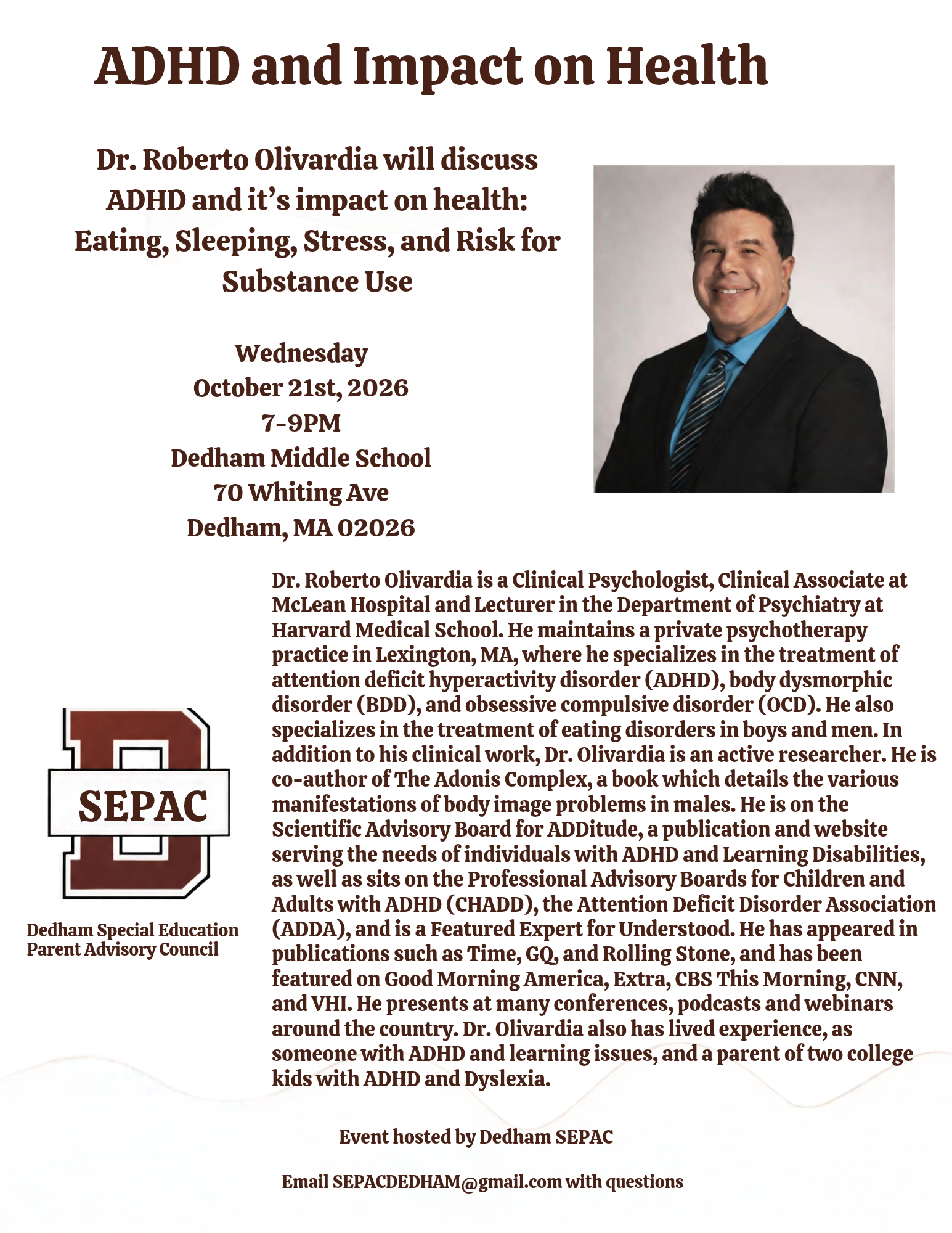 SEPAC Event - ADHD and Impact on Health - 10/21/26