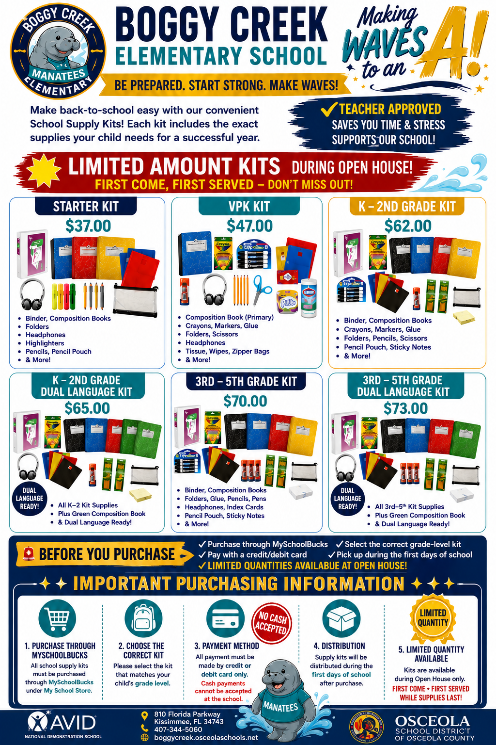 Supply Kits Available in MySchoolBucks and During Open House