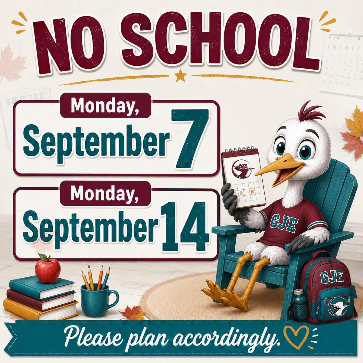 Reminder No School Monday, September 14 