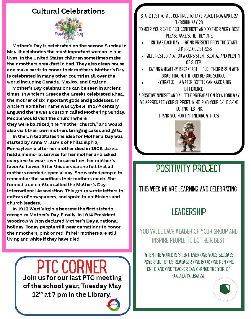 A flyer with sections on 'Cultural Celebrations' for Mother's Day, 'PTC Corner' meeting details, and 'Positivity Project' focusing on leadership.