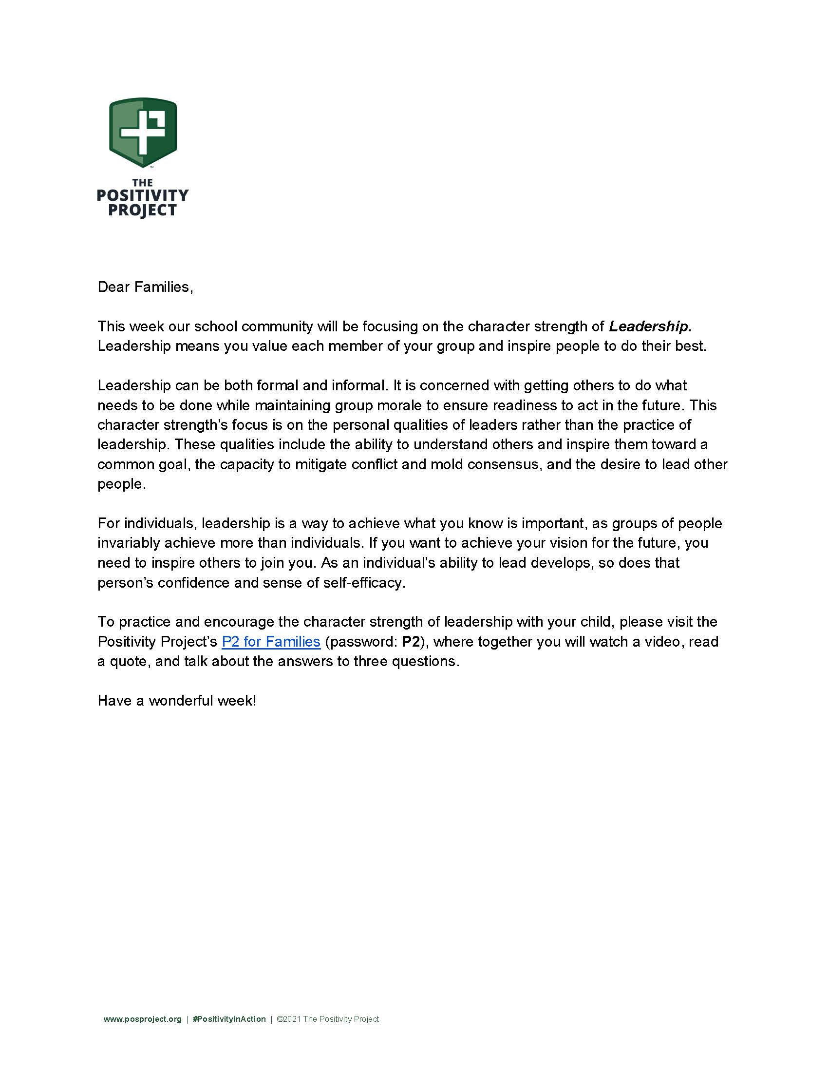 A letter from The Positivity Project addresses families about the character strength of leadership.