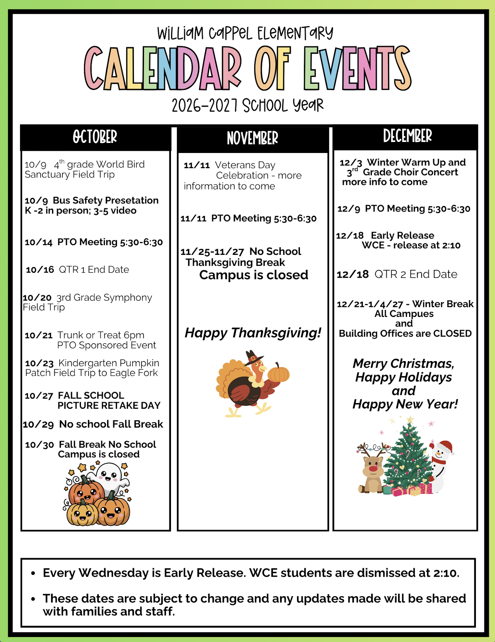 UPDATED: William Cappel Elementary Calendar of Events 