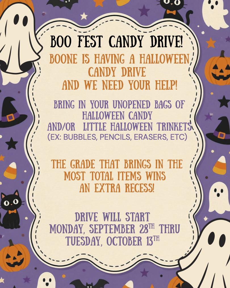 A purple Halloween flyer for a Boo Fest candy drive, featuring ghosts, pumpkins, black cats, and witch hats.