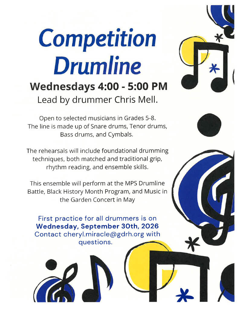 A flyer for a competition drumline practice on Wednesdays from 4:00 to 5:00 PM, led by drummer Chris Mell.