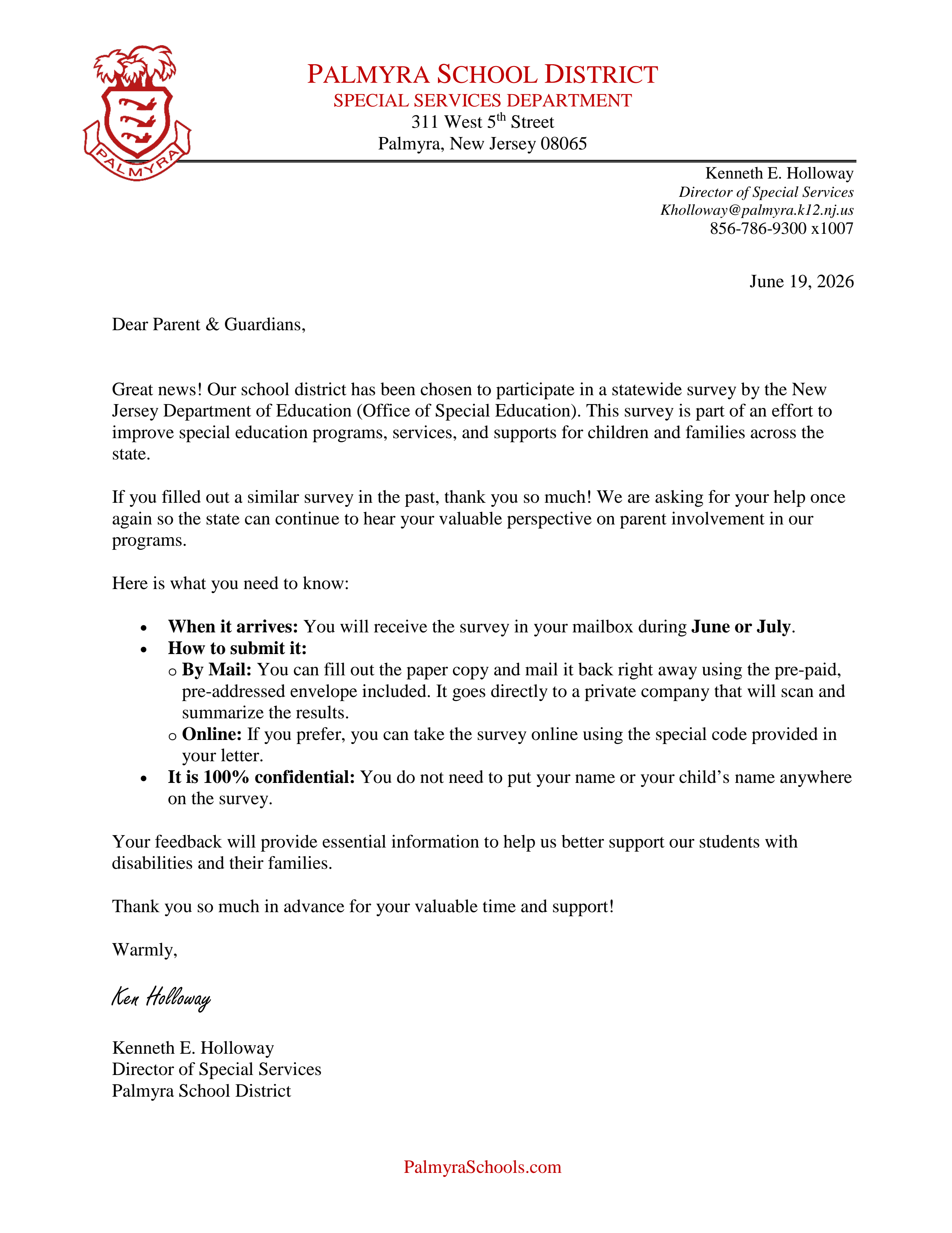 Letter from Palmyra School District Special Services Department regarding a statewide survey.